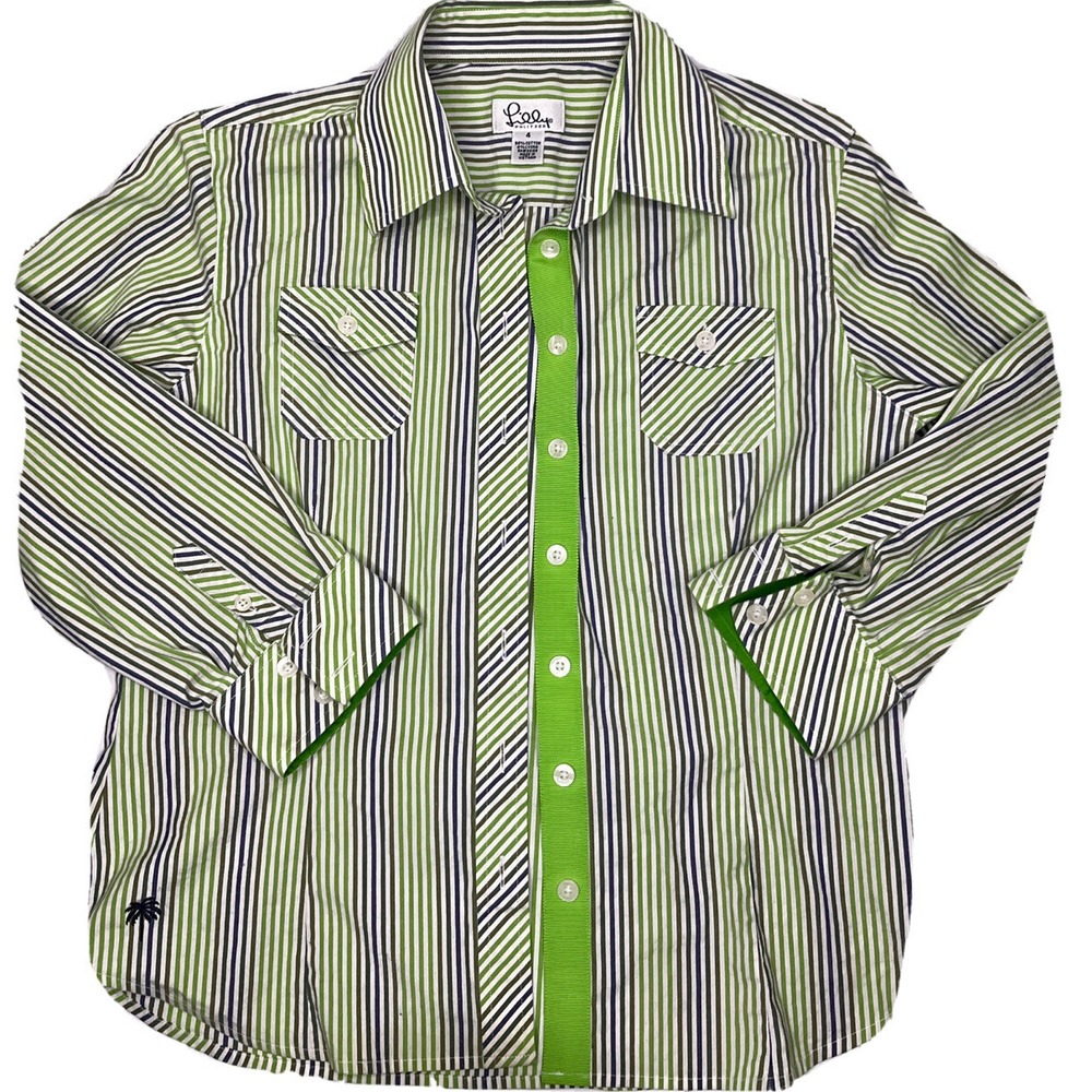 Lilly Pulitzer Womens 4 Green Vertical Stripe Button Down‎ 3/4 Sleeve Shirt Top